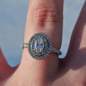 14K White Gold Oval Diamond Double Halo Love Story Engagement Ring Size 6.75